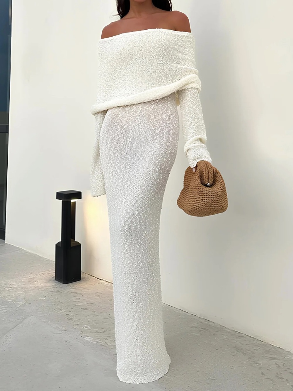 Meshki Marisol Off Shoulder Boucle Maxi Dress